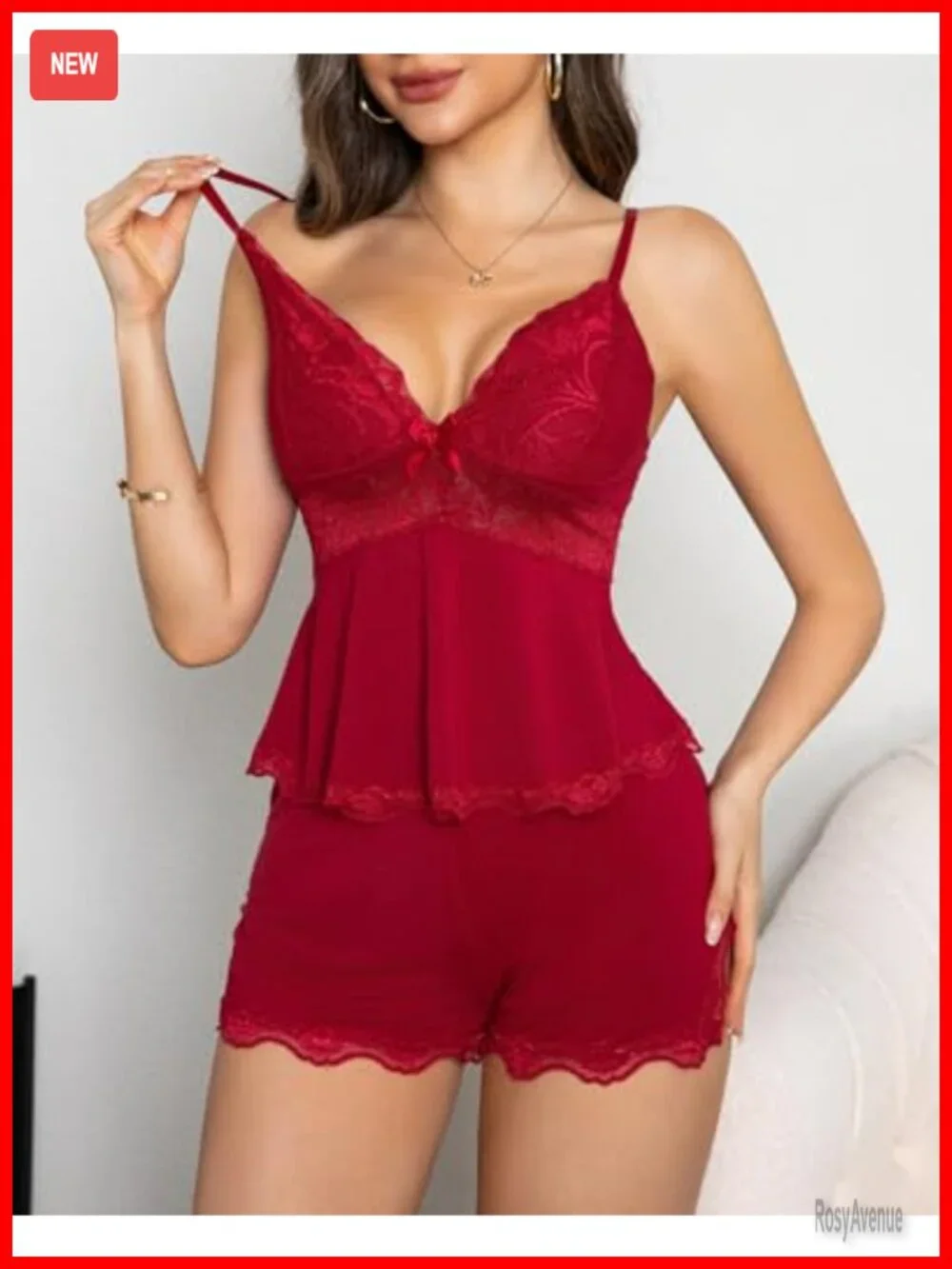 2 Piece Lace V Neck Camisole Pajama Set with Elastic Waist Shorts